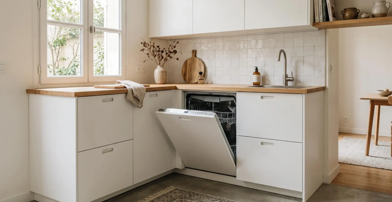 Cuisine équipée moderne avec lave-vaisselle tout intégrable de 60 cm légèrement ouvert, dont la façade blanche se fond dans le mobilier environnant, plan de travail en bois clair et luminosité naturelle