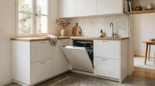 Cuisine équipée moderne avec lave-vaisselle tout intégrable de 60 cm légèrement ouvert, dont la façade blanche se fond dans le mobilier environnant, plan de travail en bois clair et luminosité naturelle