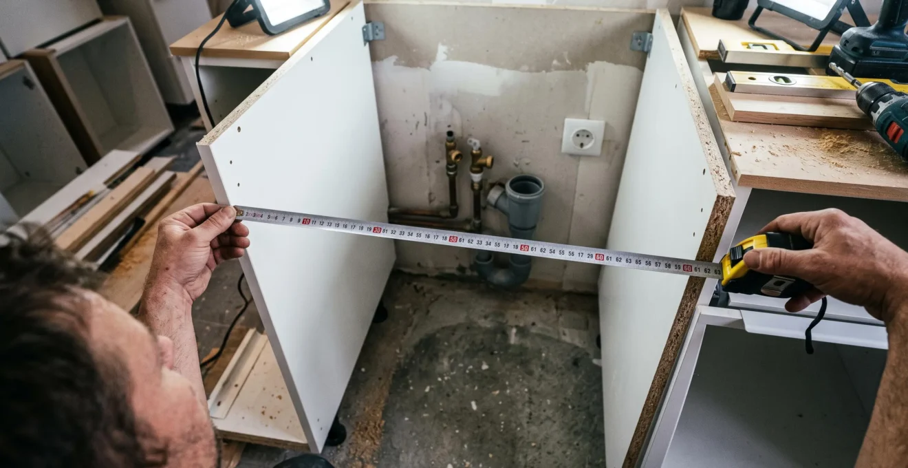 Mains d'un installateur mesurant la largeur d'une niche d'encastrement vide de 60 cm entre deux caissons de cuisine blancs avec mètre ruban métallique, raccords visibles au fond