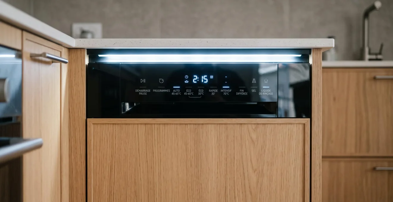 Vue rapprochée d'un lave-vaisselle semi-intégrable fermé avec bandeau de commandes numériques noir visible en haut et façade bois clair en bas assortie au mobilier