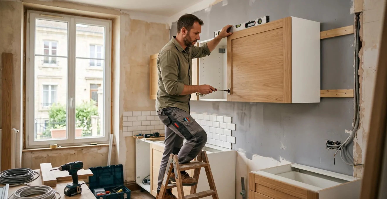 Cuisiniste professionnel installant des caissons muraux sur mesure dans un chantier de rénovation résidentiel.