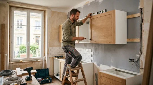 Cuisiniste professionnel installant des caissons muraux sur mesure dans un chantier de rénovation résidentiel.