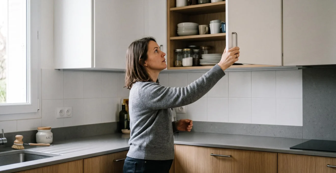 Professionnel testant l'accessibilité ergonomique d'un placard mural dans une cuisine installée.
