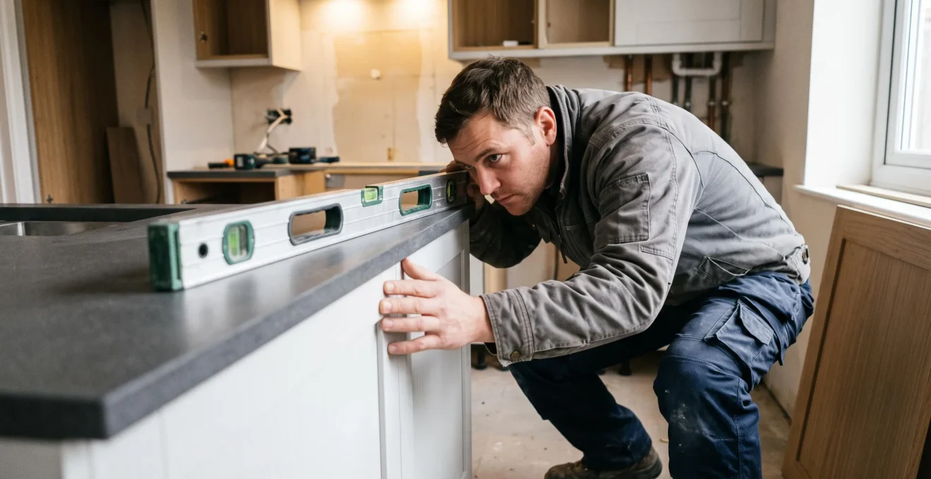 Cuisiniste vérifiant l'alignement et l'horizontalité d'un plan de travail avec un niveau à bulle lors de l'installation.
