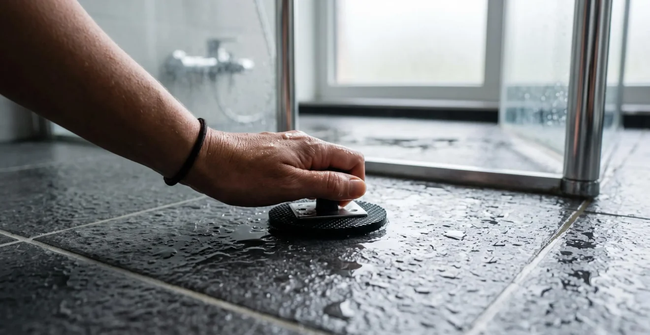 Une main touche un carrelage de douche antidérapant mouillé pour tester son adhérence.