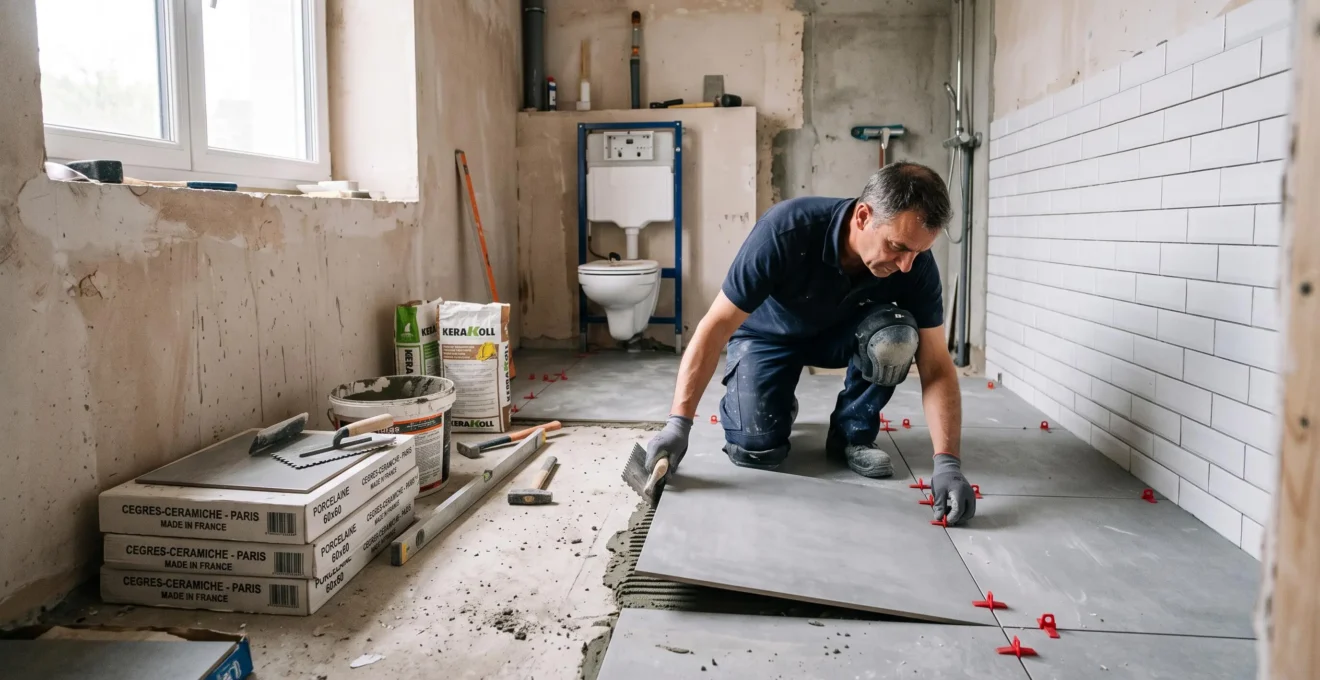 Un carreleur aligne du carrelage au sol dans une salle de bain en rénovation.