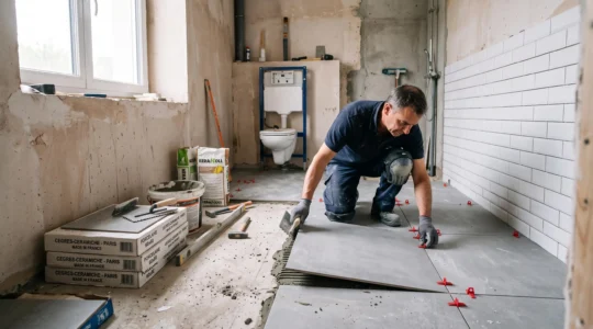 Un carreleur aligne du carrelage au sol dans une salle de bain en rénovation.