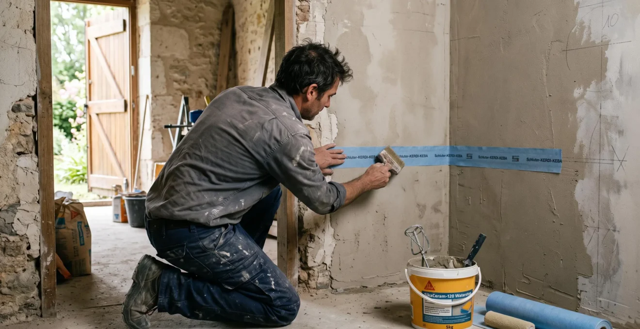 Un homme applique un produit d'étanchéité sur les murs avant la pose de la faïence.